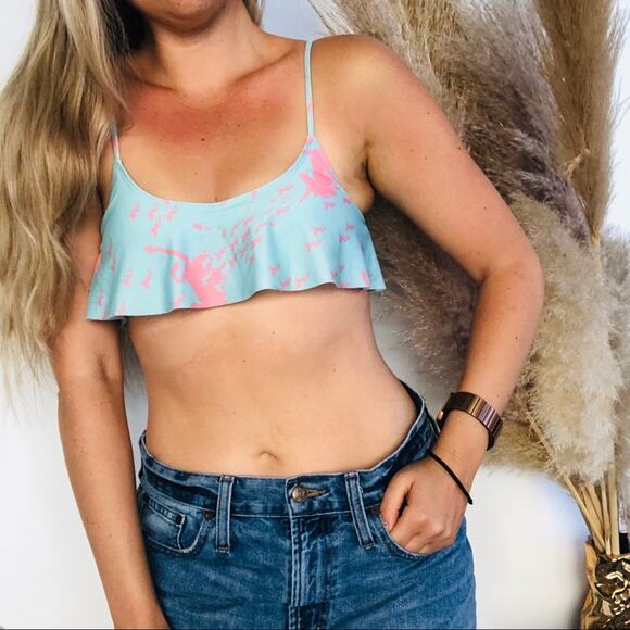 NEW BEACH RIOT REVOLVE Aqua Blue Pink Unicorn Ruffle Bikini Swimsuit Swim Top S - Picture 3 of 7